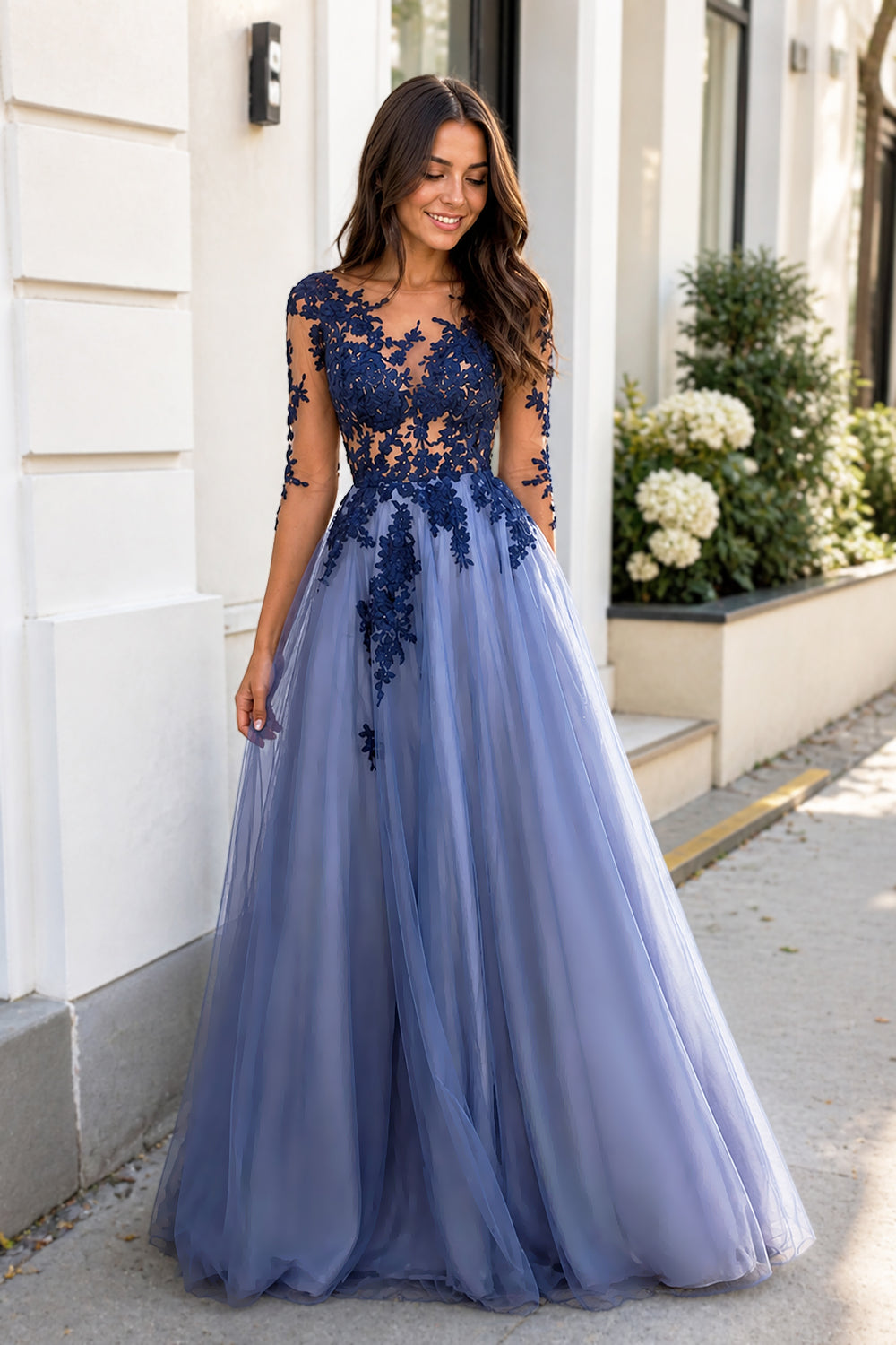 Gabrielle | Sexy Long Sleeves Blue Lace Open Back Prom Dresses Evening Dresses - KissProm