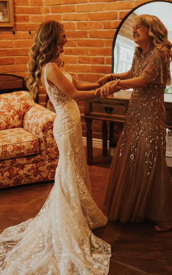 Sexy Mermaid V-neck Lace Sleeveless Wedding Dress with Sweep Train Simple Elegant Ethereal Country Garden – Wedding Dresses by Kissprom | Available at KissProm