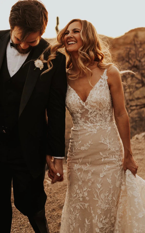 Sexy Mermaid V-neck Lace Sleeveless Wedding Dress with Sweep Train Simple Elegant Ethereal Country Garden – Wedding Dresses by Kissprom | Available at KissProm