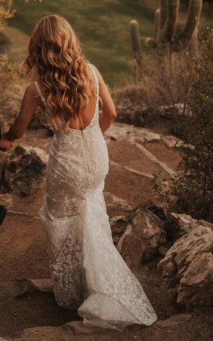 Sexy Mermaid V-neck Lace Sleeveless Wedding Dress with Sweep Train Simple Elegant Ethereal Country Garden – Wedding Dresses by Kissprom | Available at KissProm