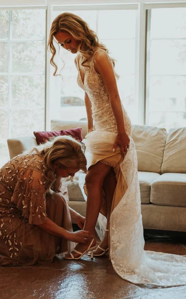 Sexy Mermaid V-neck Lace Sleeveless Wedding Dress with Sweep Train Simple Elegant Ethereal Country Garden – Wedding Dresses by Kissprom | Available at KissProm