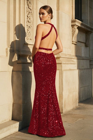 Halter Halter Sequined Sleeveless Mermaid Sparkly Long Prom Dress - KissProm
