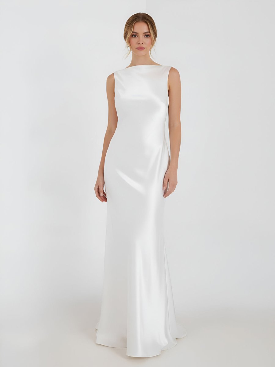 Sheath High Bateau Neck Backless Silk Satin Wedding Dress – Wedding Dresses by KissProm | Available at KissProm