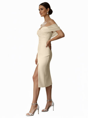 Celestia | Sheath Off - The - Shoulder Sleeveless Tea - Length Wedding Dresses - KissProm