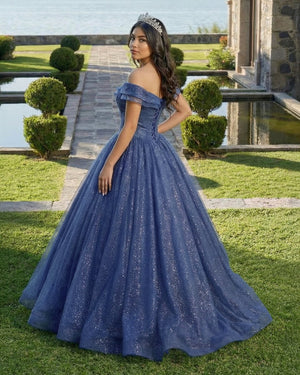 Shiny Off Shoulder Navy Blue Tulle Navy Blue Formal Graduation Evening Dresses - KissProm