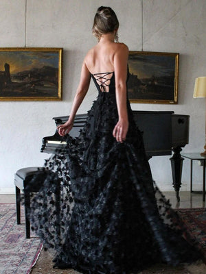A-Line Strapless 3D Flowers Black Long Prom Dresses with Slit – Prom Dresses by KissProm | Available at KissProm