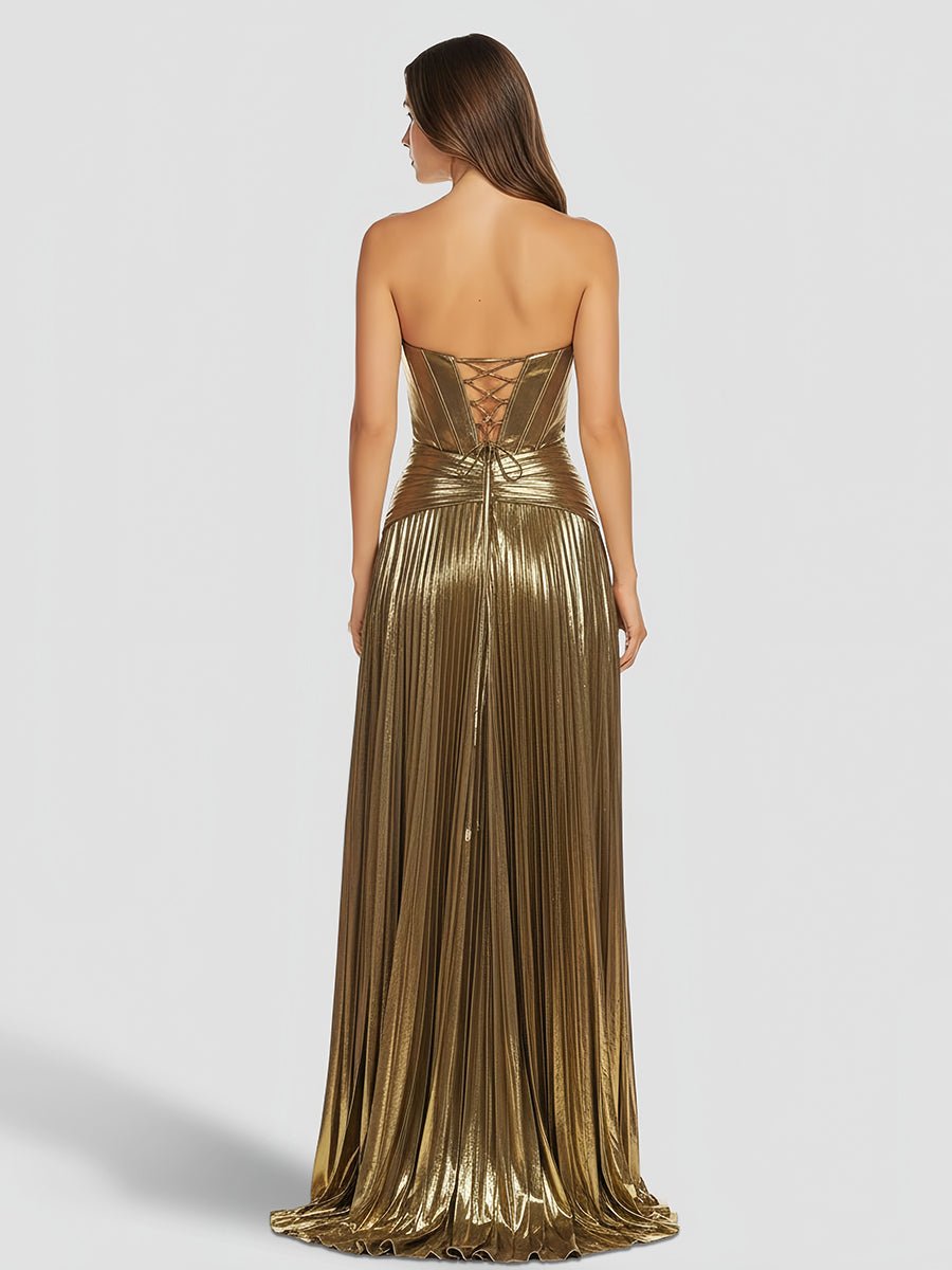 Sweetheart Metallic Pleated Long Formal Dress With Slit – Prom Dresses by KissProm | Available at KissProm