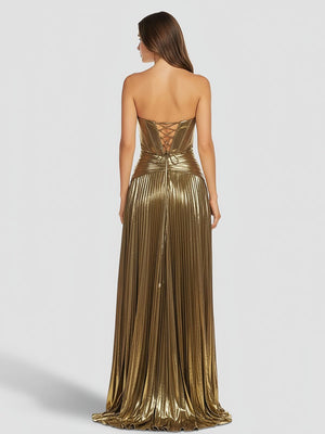 Sweetheart Metallic Pleated Long Formal Dress With Slit – Prom Dresses by KissProm | Available at KissProm