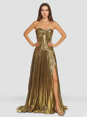 Sweetheart Metallic Pleated Long Formal Dress With Slit – Prom Dresses by KissProm | Available at KissProm