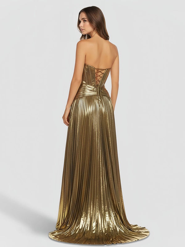 Sweetheart Metallic Pleated Long Formal Dress With Slit – Prom Dresses by KissProm | Available at KissProm