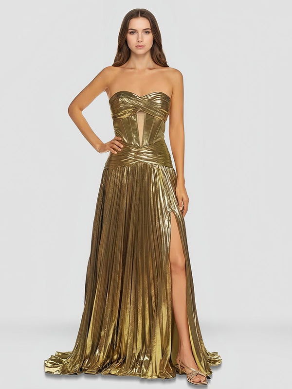 Sweetheart Metallic Pleated Long Formal Dress With Slit – Prom Dresses by KissProm | Available at KissProm