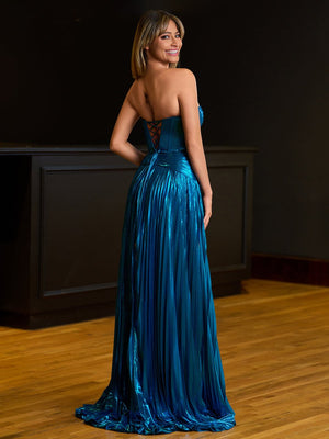 Sweetheart Metallic Pleated Long Formal Dress With Slit – Prom Dresses by KissProm | Available at KissProm