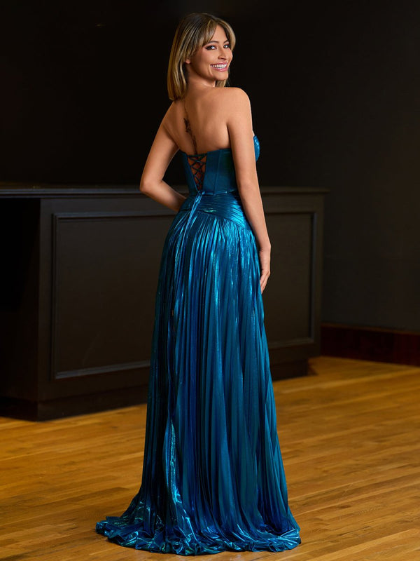 Sweetheart Metallic Pleated Long Formal Dress With Slit – Prom Dresses by KissProm | Available at KissProm