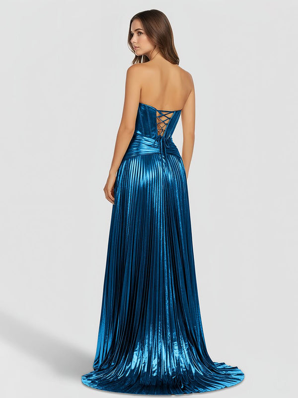 Sweetheart Metallic Pleated Long Formal Dress With Slit – Prom Dresses by KissProm | Available at KissProm