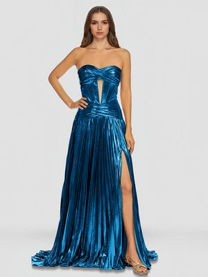 Sweetheart Metallic Pleated Long Formal Dress With Slit – Prom Dresses by KissProm | Available at KissProm