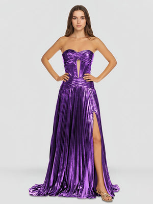 Sweetheart Metallic Pleated Long Formal Dress With Slit – Prom Dresses by KissProm | Available at KissProm