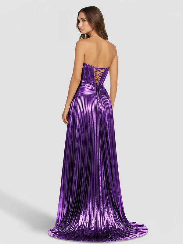 Sweetheart Metallic Pleated Long Formal Dress With Slit – Prom Dresses by KissProm | Available at KissProm