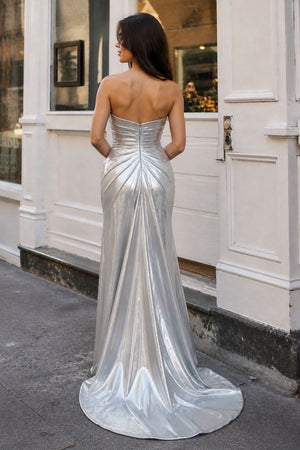 Silver Beaded Sweetheart Mermaid Long Formal Dress with Slit