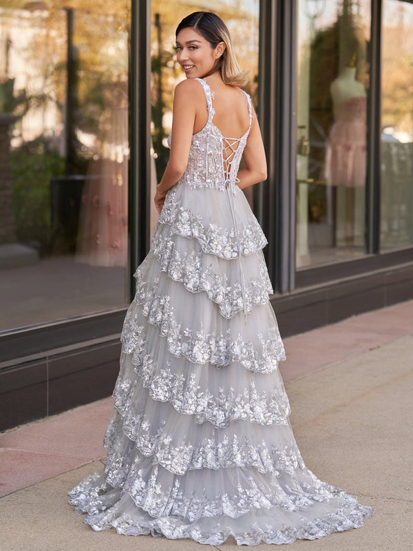 A-Line Lace Off-the-Shoulder Tiered Long Prom Dress with Slit – Prom Dress by KissProm | Available at KissProm