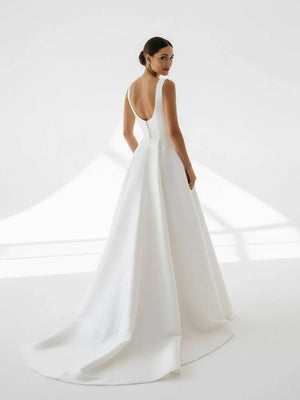 Simple A-Line Square Neck White Satin Wedding Dresses – Wedding Dresses by Kissprom | Available at KissProm