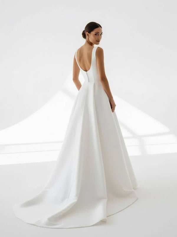 Simple A-Line Square Neck White Satin Wedding Dresses – Wedding Dresses by Kissprom | Available at KissProm