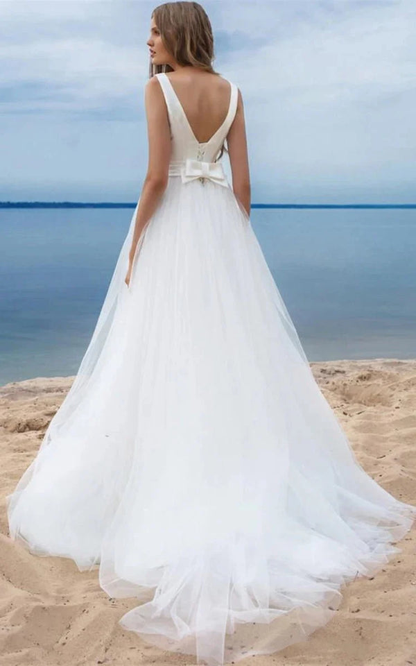 Simple Ball Gown Satin Tulle Bateau Sleeveless Wedding Dress With Bow and Ribbon – Wedding Dresses by KissProm | Available at KissProm