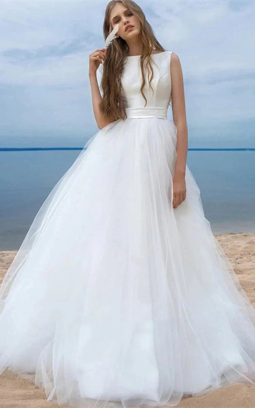 Simple Ball Gown Satin Tulle Bateau Sleeveless Wedding Dress With Bow and Ribbon – Wedding Dresses by KissProm | Available at KissProm