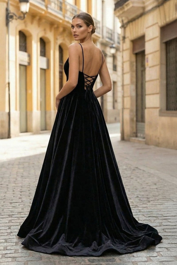 Simple Black Velvet Long Prom Dress, Black Evening Dress - KissProm