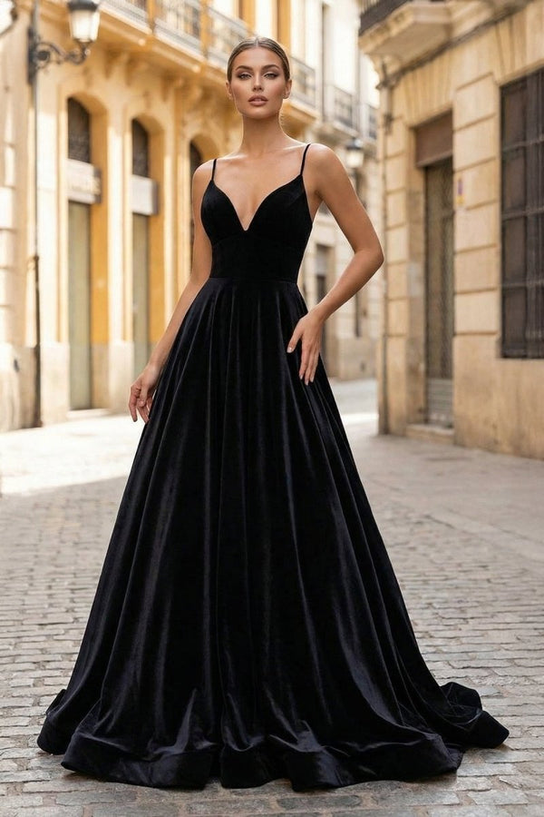 Simple Black Velvet Long Prom Dress, Black Evening Dress - KissProm