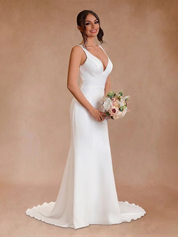 Simple Mermaid V Neck Satin White Wedding Dresses - KissProm