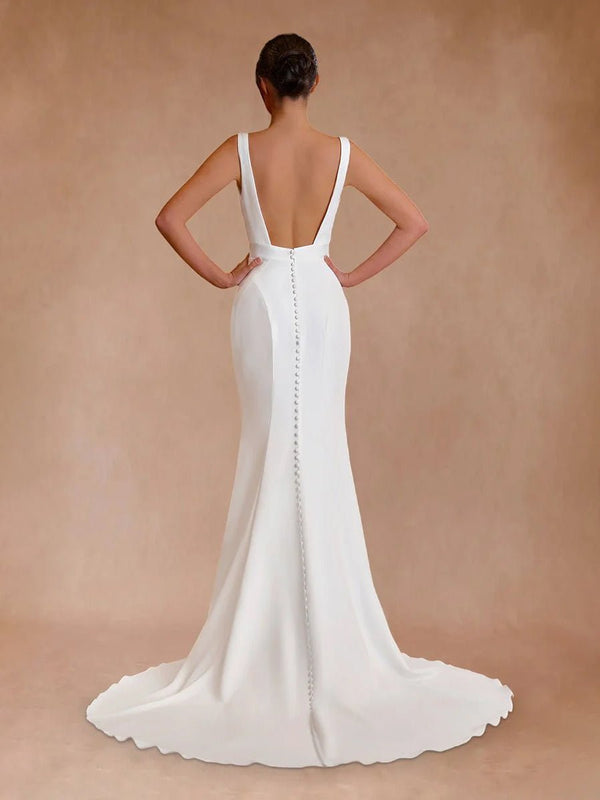 Simple Mermaid V Neck Satin White Wedding Dresses - KissProm