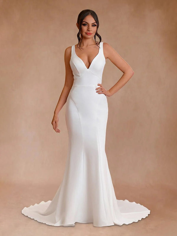 Simple Mermaid V Neck Satin White Wedding Dresses - KissProm