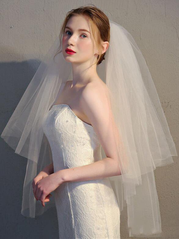 Simple Two Tier Ivory Short Wedding Veils - KissProm