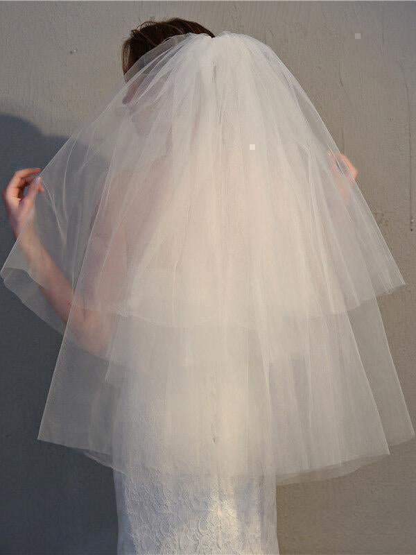 Simple Two Tier Ivory Short Wedding Veils - KissProm