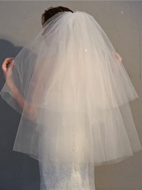 Simple Two Tier Ivory Short Wedding Veils - KissProm