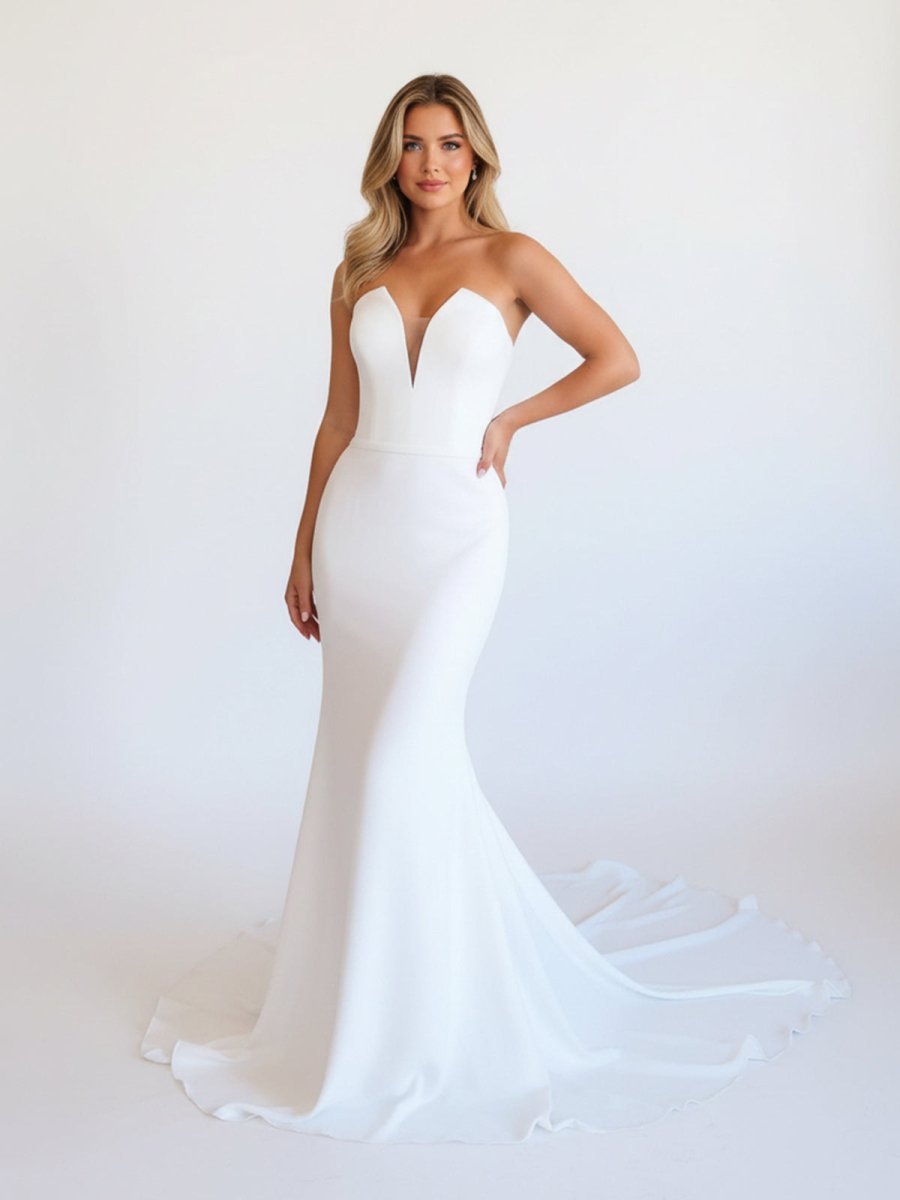 Simple White Boho Mermaid Satin Long Sleeveless Wedding Dress – Wedding Dress by KissProm | Available at KissProm