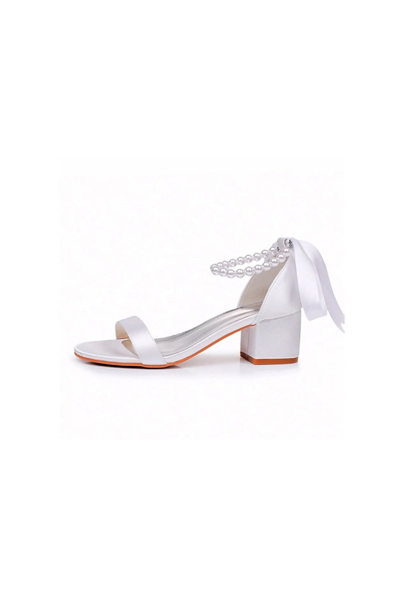 Single Strap Chunky Heels Sandals with Beaded Ribbons - KissProm