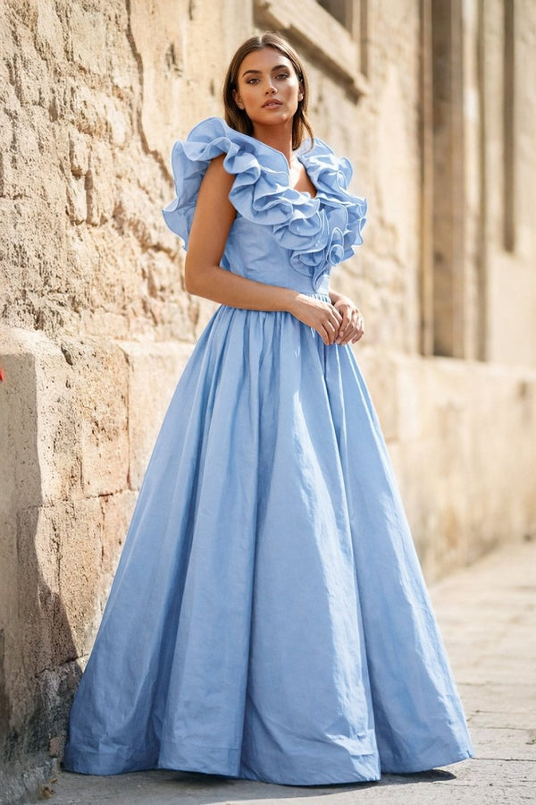 Red Ruffle V Neck Satin A - Line Long Prom Dresses - KissProm