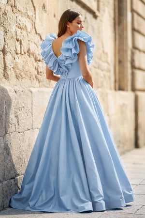 Red Ruffle V Neck Satin A - Line Long Prom Dresses - KissProm