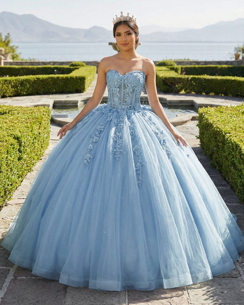 Sky Blue Ball-Gown Tulle 3D Flowers Sweetheart Quinceanera Dresses – Quinceanera Dresses by KissProm | Available at KissProm