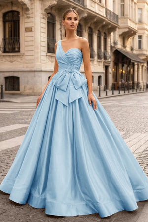 One Shoulder Satin A Line Prom Dress With Bow - KissProm
