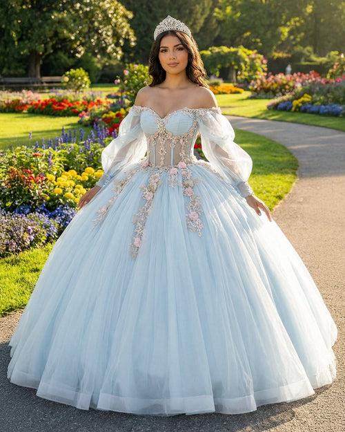Sky Blue Quinceanera Dresses with 3D Flowers and Half Sleeve - KissProm