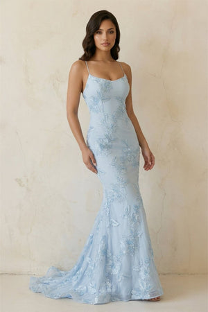 Sky Blue Spaghetti Straps Mermaid Tulle Long Prom Dresses With Appliques – Prom Dress by KissProm | Available at KissProm