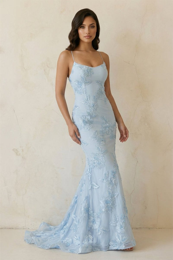 Sky Blue Spaghetti Straps Mermaid Tulle Long Prom Dresses With Appliques – Prom Dress by KissProm | Available at KissProm