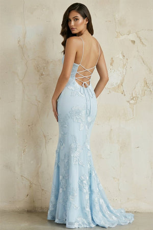 Sky Blue Spaghetti Straps Mermaid Tulle Long Prom Dresses With Appliques – Prom Dress by KissProm | Available at KissProm