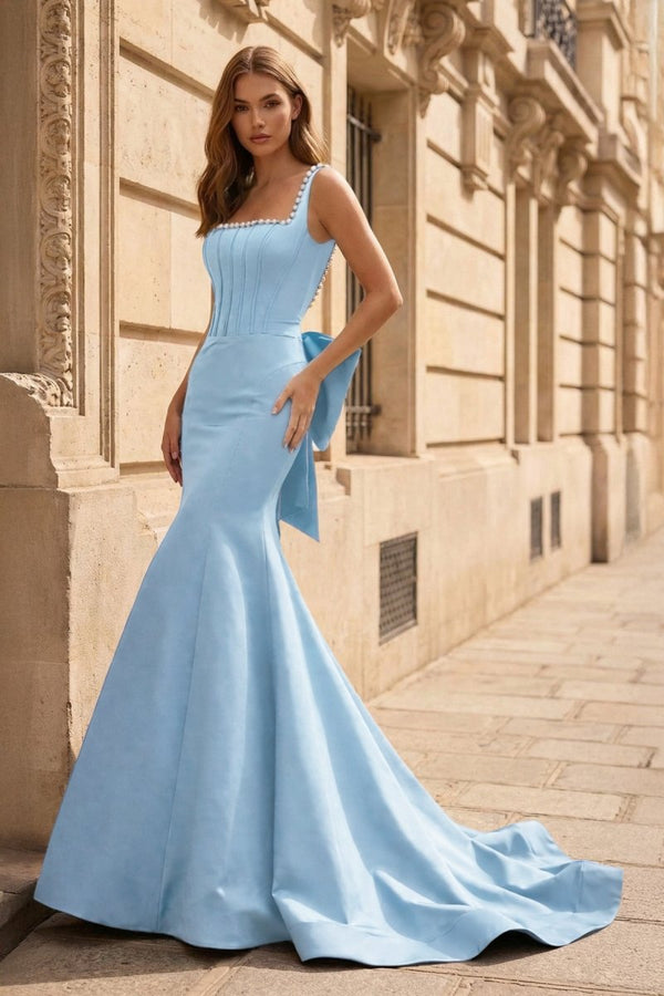 Black Square Neck Mermaid Satin Long Prom Dresses With Pearls – Prom Dress by KissProm | Available at KissProm
