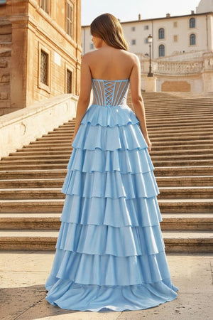 Gray Sweetheart A Line Satin Ruffled Long Prom Dresses With Slit - KissProm