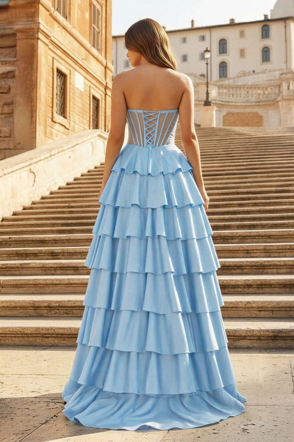 Gray Sweetheart A Line Satin Ruffled Long Prom Dresses With Slit - KissProm