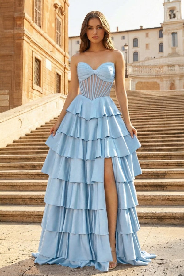 Gray Sweetheart A Line Satin Ruffled Long Prom Dresses With Slit - KissProm
