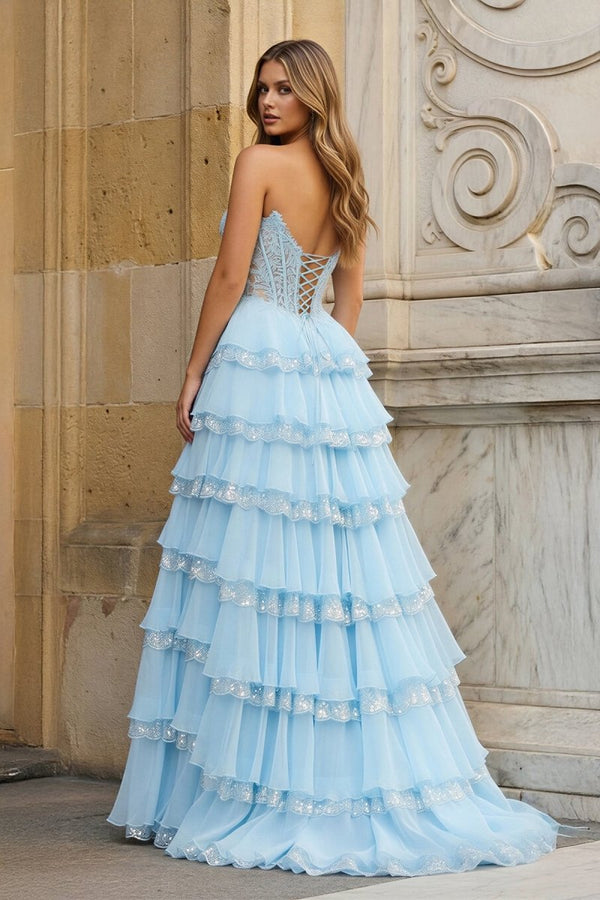 Sky Blue Sweetheart A Line Sequined Lace Ruffled Long Prom Dresses With Appliques – Prom Dress by KissProm | Available at KissProm